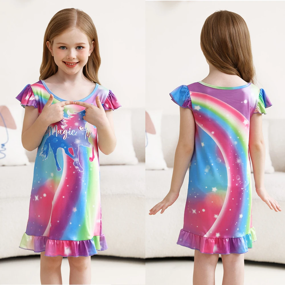 Girls Nightgowns Unicorn Pajamas Toddler Nightgown Sleepwear Flutter Short Sleeves Night Gowns for Kids