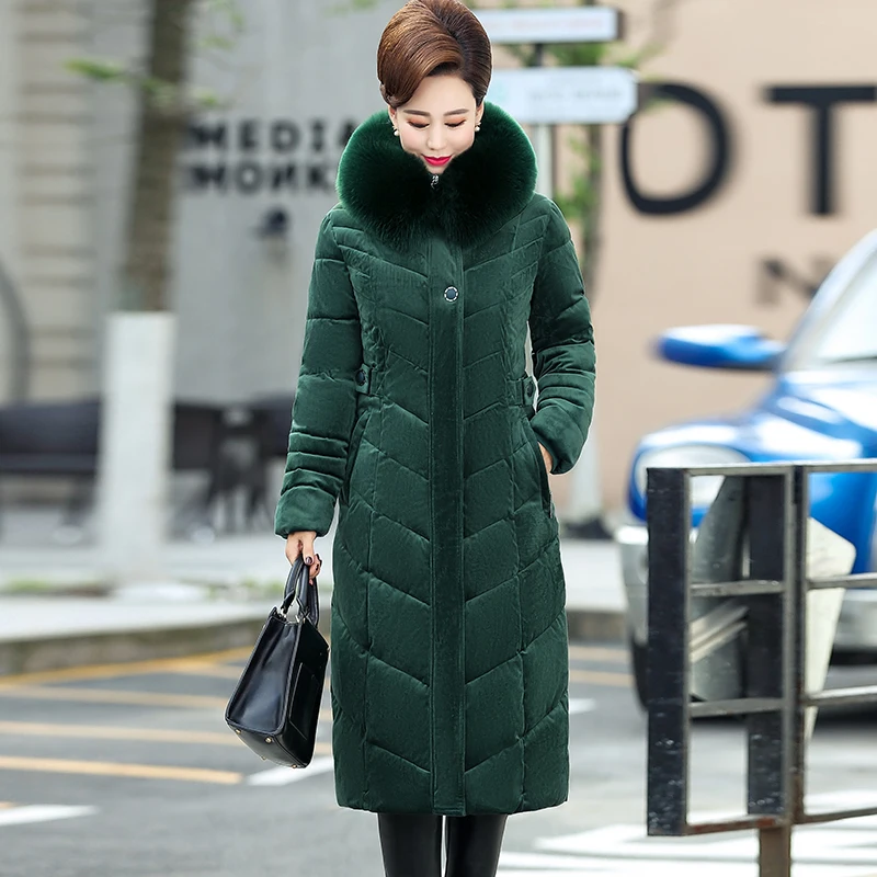 High Quality 2023 Winter Down Cotton Jacket Women Gold Velvet X-Long Womens Winter Coat Hooded Fur Collar Female Jacket