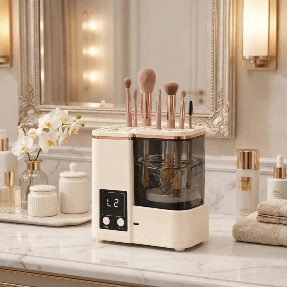 Image 3: Machine de nettoyage de pinceaux de maquillage portable, sécheuse électrique automatique pour pinceaux de maquillage, minuterie LCD, 2 modes de lavage, nettoyeur de pinceaux cosmétiques