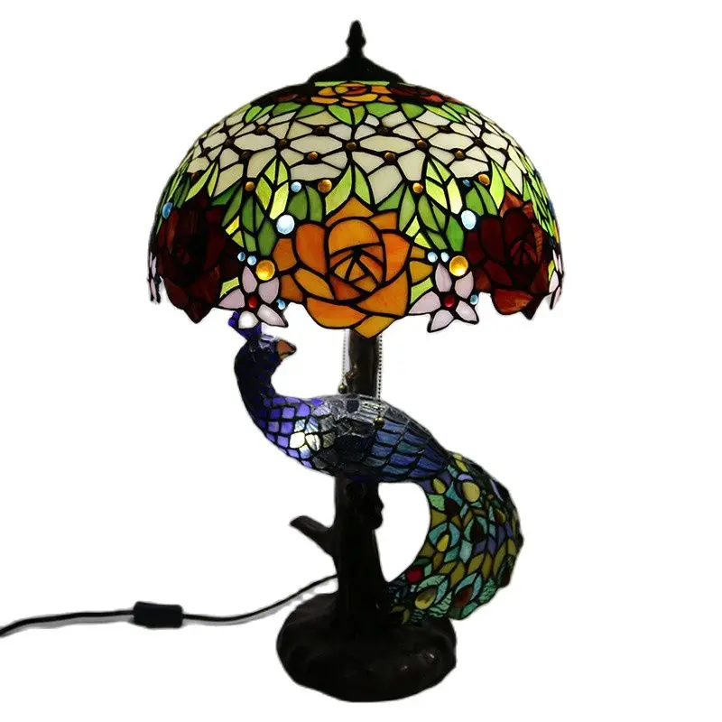 Tiffany Peacock Table Lamp Foyer Parlor Hall Restaurant Large Art Roses Luxury Glass Desk Wedding Decor Light L62101