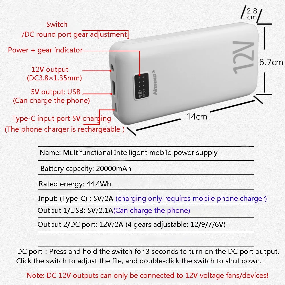 20000mAh Heating Battery Power Bank 12V output Portable Charger External Battery Pack for Heating Vest Jacket Gloves Cell phone