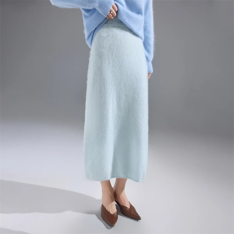 

Юбка из 100% австралийской шерсти, женская трикотажная однотонная юбка средней длины с высокой талией, осень/зима, новая женская модная мягкая юбка трапециевидной формы