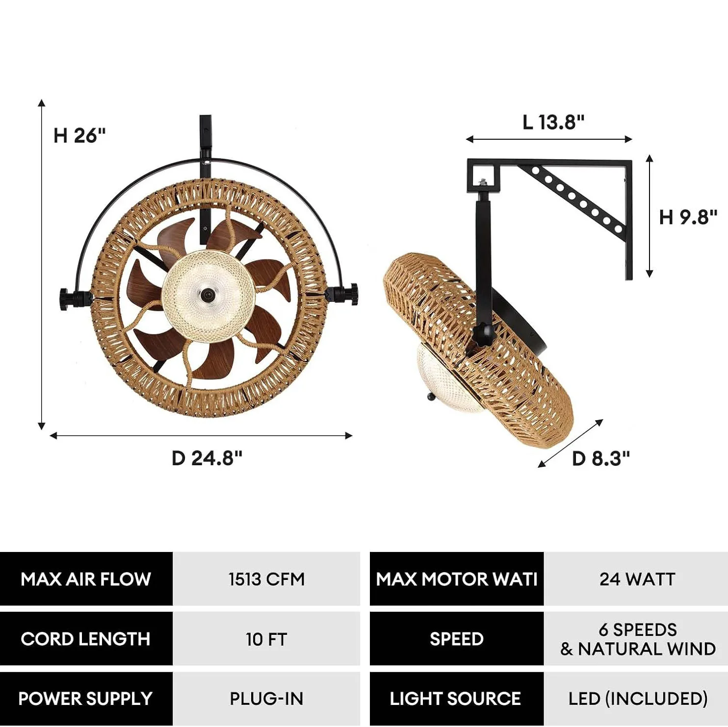 Retro hemp rope wall mounted fan light industrial wind paper rope electric fan American countryside wall fan remote control
