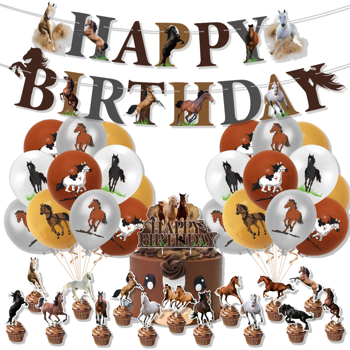 Horse Themed Party Decoration Kids Mustang Racing Happy Birthday Banner Balloon Cake Toppers Western Cowboy Party Decor