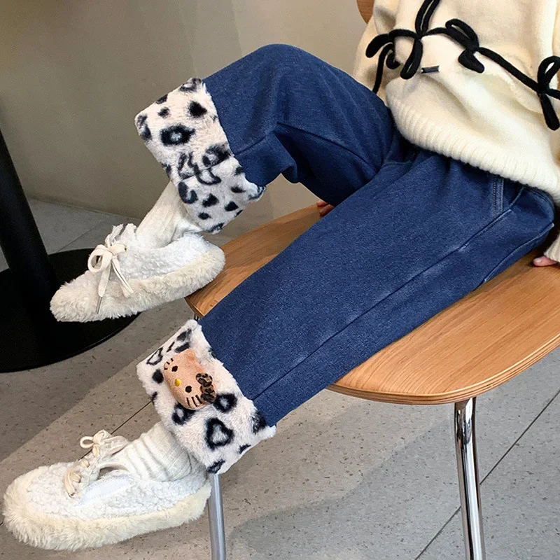 Sanrio winter Hello Kitty cute warm children's trousers cartoon doll leopard print fashion casual straight velvet jeans