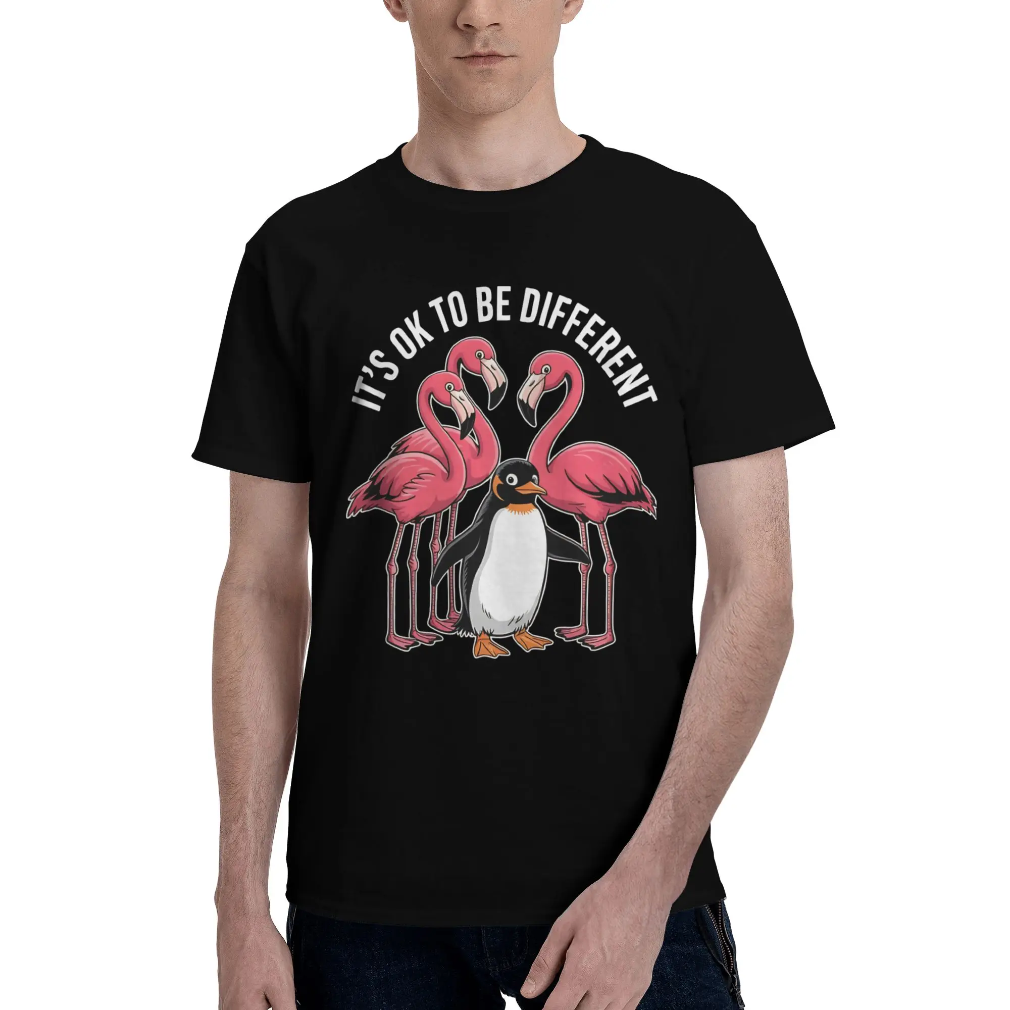 New Arrival It's Ok To Be Different Flamingo Penguin T Shirt for Men Women  Pure Cotton T-shirts Short Sleeve Clothing