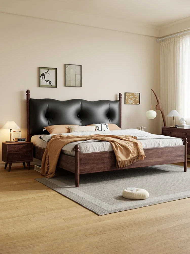Medieval bed French retro South American black walnut all solid wood leather 1.8 meters