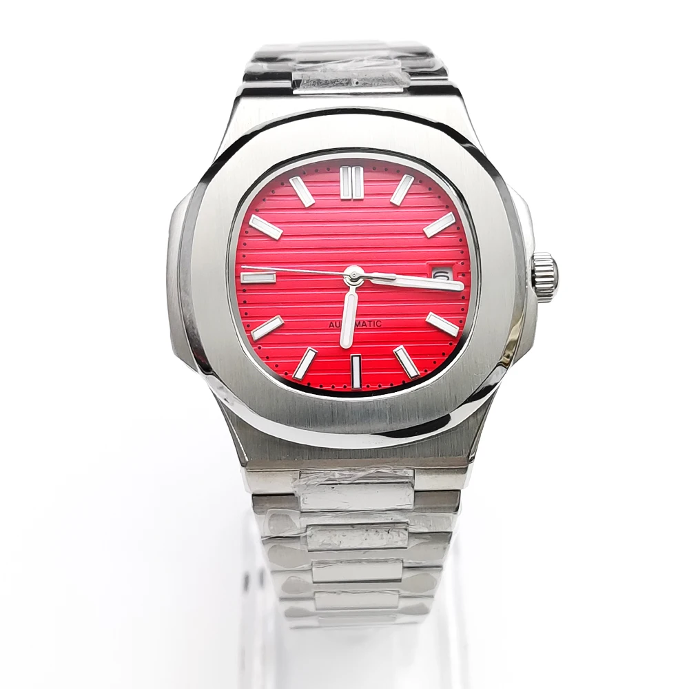 40mm Red Square Mechanical Automatic Men\'s Watch Japan Movement NH35/8215 Date Sapphire Glass Stainless Steel Strap