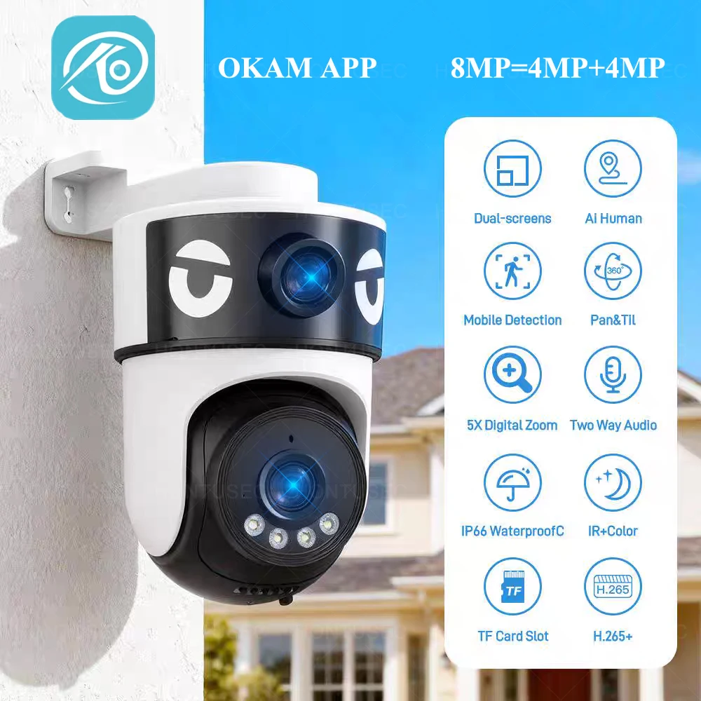 

OKAM 4K 8MP Dual Lens Dual Screen WIFI PTZ 2K 4MP Wireless Security Camera Outdoor IP66 Two Way Audio Surveillance Cameras