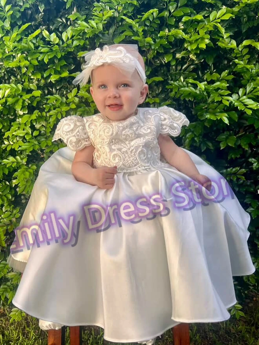 

Customized Toddler Lace Applique Flower Girl Dress For Wedding Satin Puffy Kids Baby Birthday Party First Communion Ball Gown