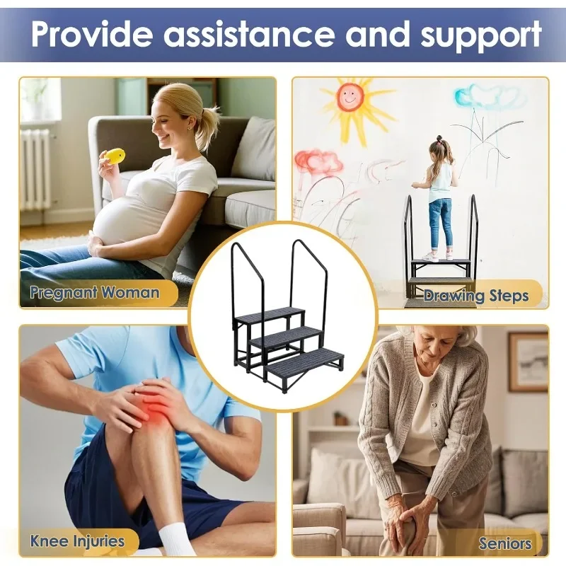 3-Step RV Steps with Dual Handrails – Heavy-Duty RV Stairs for Camper, Hot Tub, Trailer & Porch with Non-Slip Mats