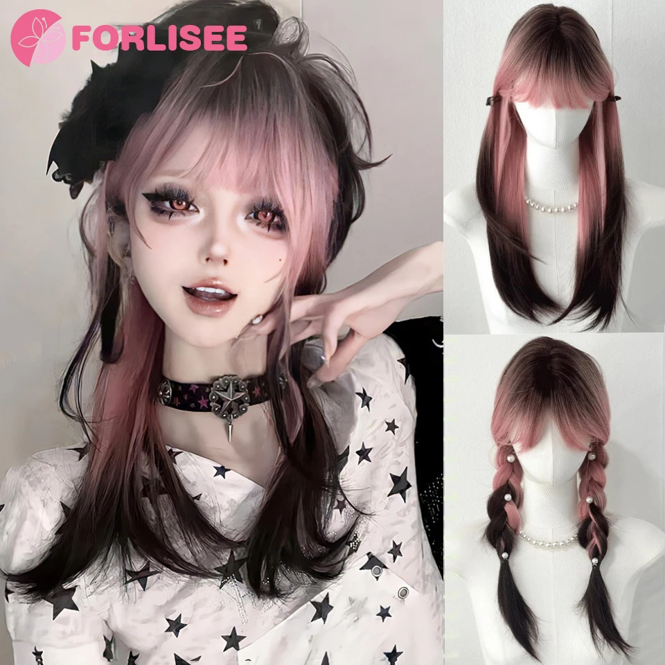 FORLISEE Ombre Black Pink Synthetic Wigs For Cosplay Long Straight Layered Wigs With Bangs For Women Heat Resistant Fake Hair