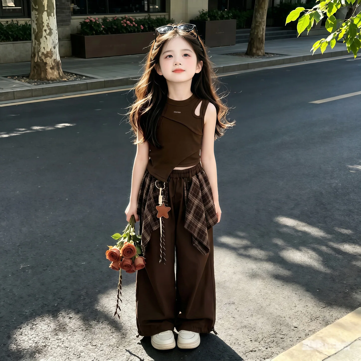 Girls summer suit new middle-aged and older children girls children summer plaid culottes vest two-piece set fashionable