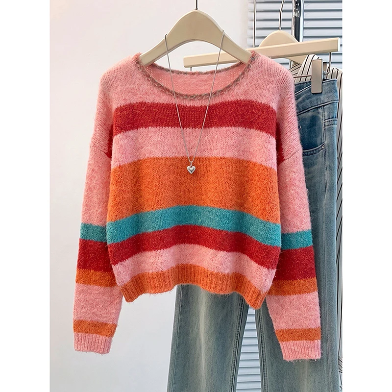 Multicolor Striped Sweaters Women Fall Winter Casual O Neck Long Sleeve Knitted Pullovers Lazy Wind Loose Female Jumper Tops New
