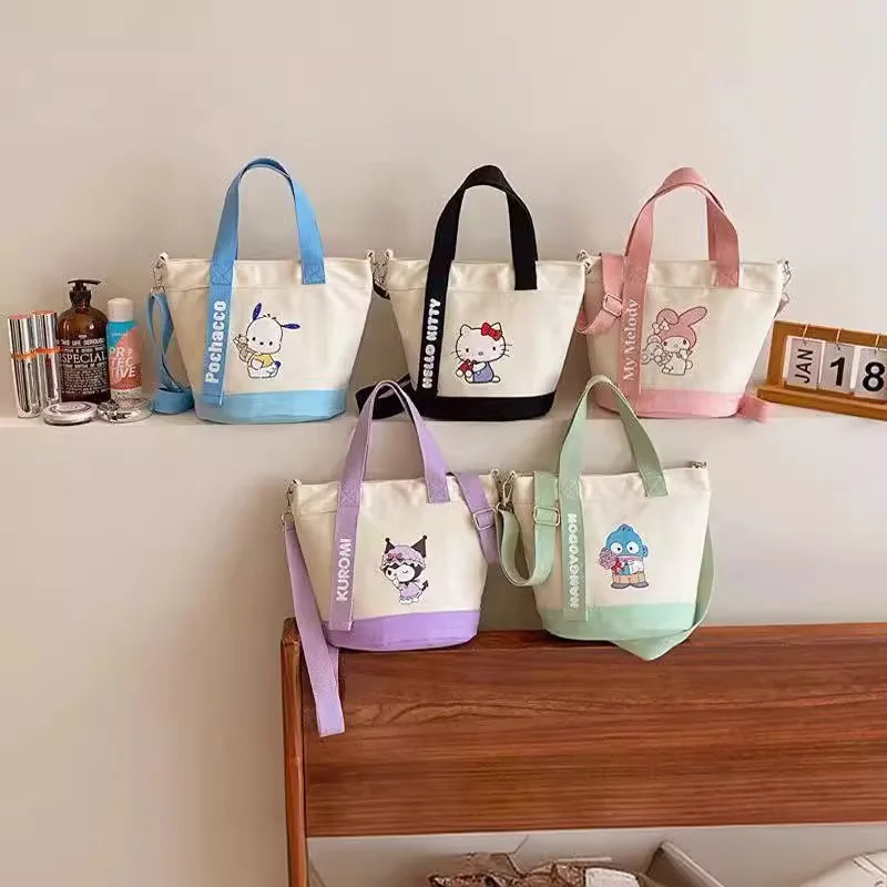 Sanrio Anime Canvas Shoulder Bags Cute Cartoon Handbag Kawaii Bucket Tote Bag Portable Fashion Satchel Women\'s Outdoor Backpacks