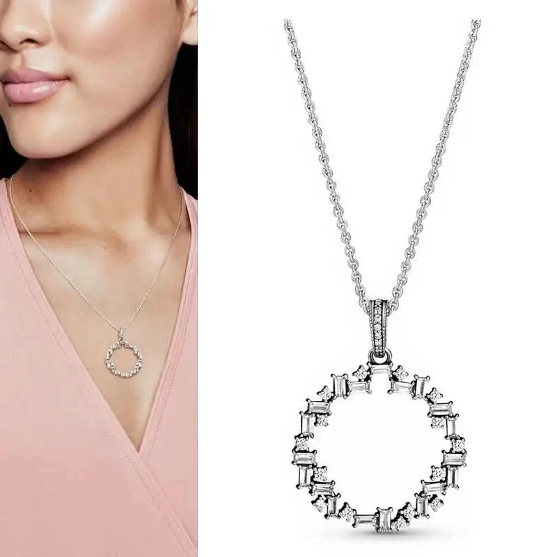 New Classic 100% 925 Silver Women's Colorful Heart Logo Ice Crystal Circle Necklace DIY Charm Jewelry Gift