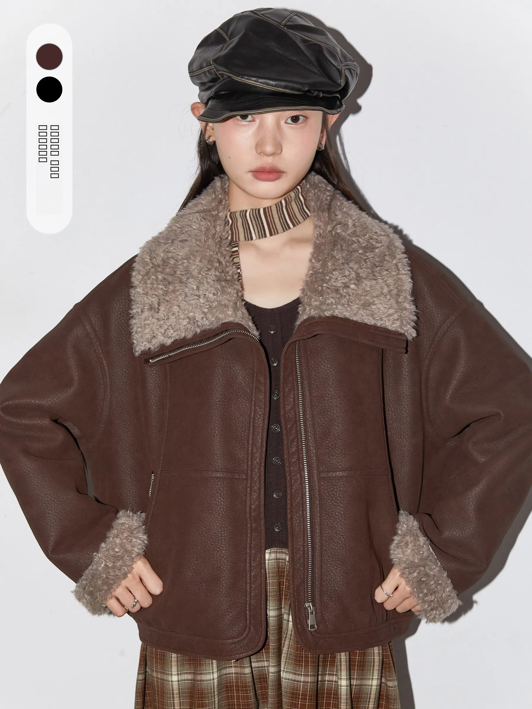 

CHICVEN Suede Biker Jaet Women's Warm Faux Fur Collar ort Coat Polyurethane Fabric Long Sve Zipper Closure No Hat