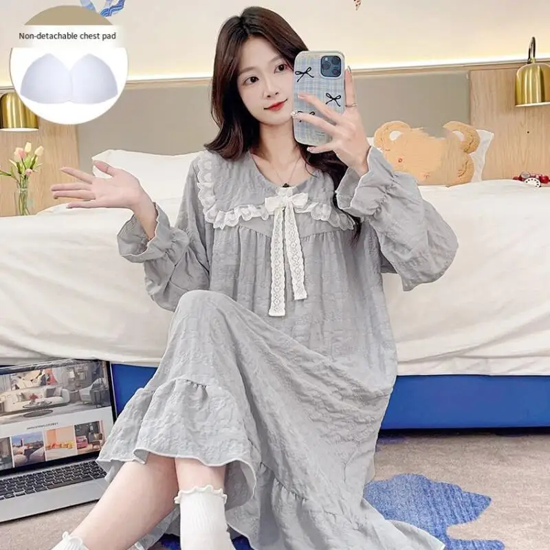

Hot Girl with Chest Mat Pajamas Dress Princess Lace Edge Kawaii Sweet Loose Long Sleeves Leisure Wear Four Seasons Sleeping Wear