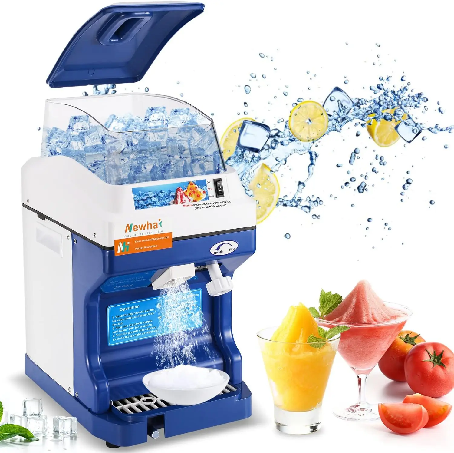 Commercial Ice Crusher Electric Shaved Ice Machine 300W Automatic Snow Cone Maker 1400RPM Thickness Adjustable 441 LBS/H Ice Sha
