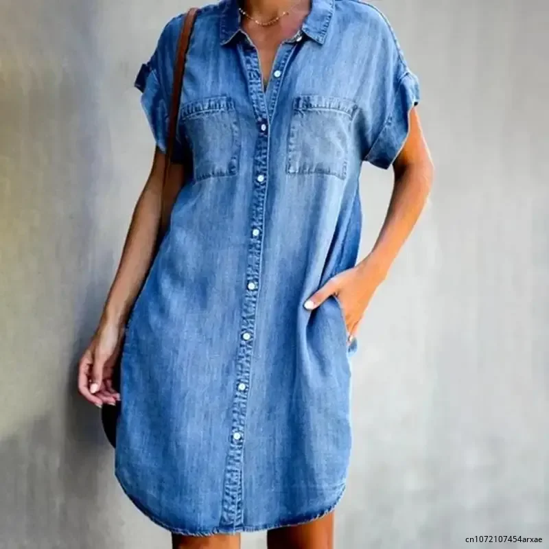 Fashion Style Summer Women Denim Dress Short Sleeves Loose A-Word Dresses s V-neck Solid Denim Dresses Shirt Dress