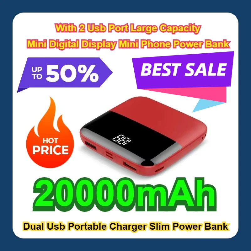 With 2 Usb Port Large Capacity 20000mAh Mini Digital Display Mini Phone Power Bank Dual Usb Portable Charger Slim Power Bank