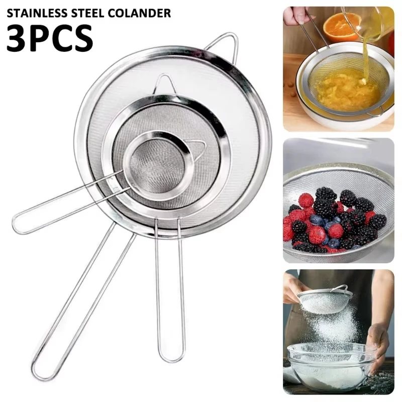 

Stainless Steel Sieve Mesh Filter Slotted Spoon Kitchen Essential 3 Pack Fine Food Strainer with Long Handle for Cooking