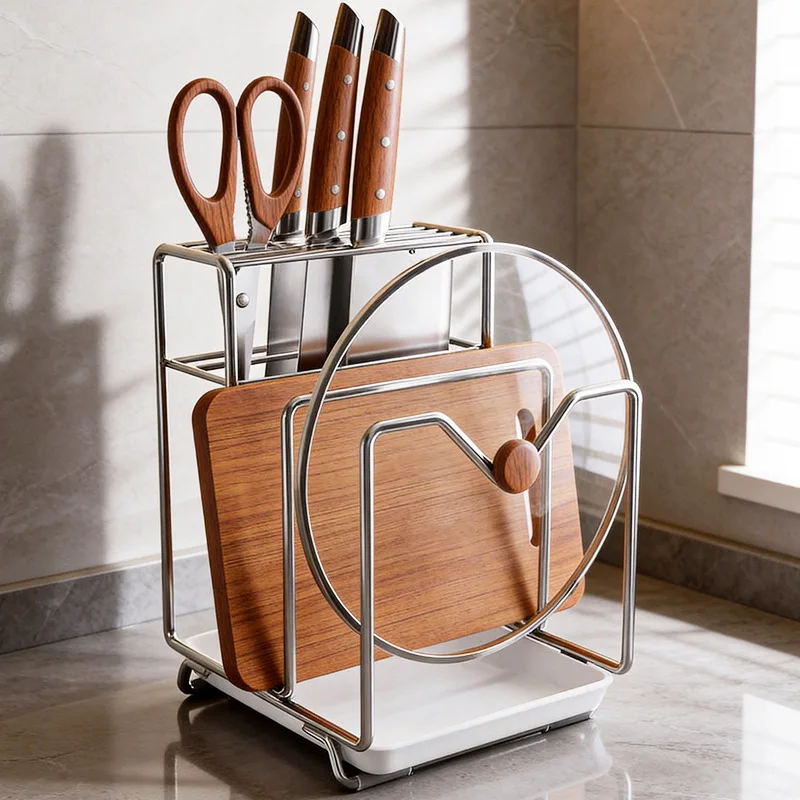 Stainless Steel Multi Function Kitchen Knife Rack Five Slots Cutting Board Pot Lid Holders Pp Drain Tray Countertop Organizer