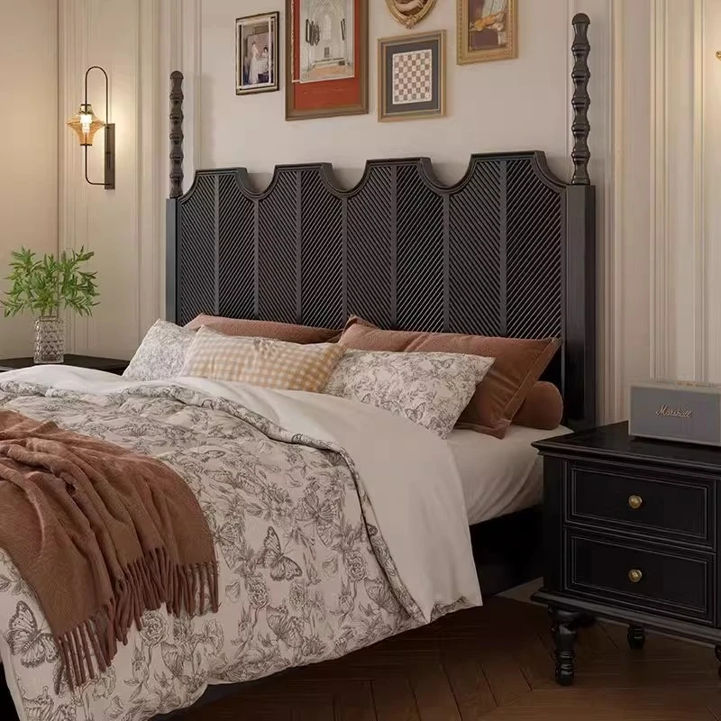 French retro, solid wood soft bed, European and American light luxury modern