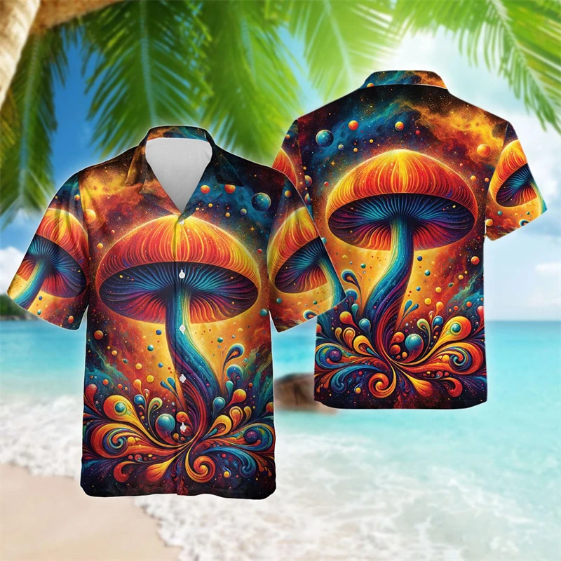 Fashion Mushroom Graphic Beach Shirts Colorful Forest Short Sleeve Shirt For Men Clothes Hip Hop Male Blouses Casual Women Tops