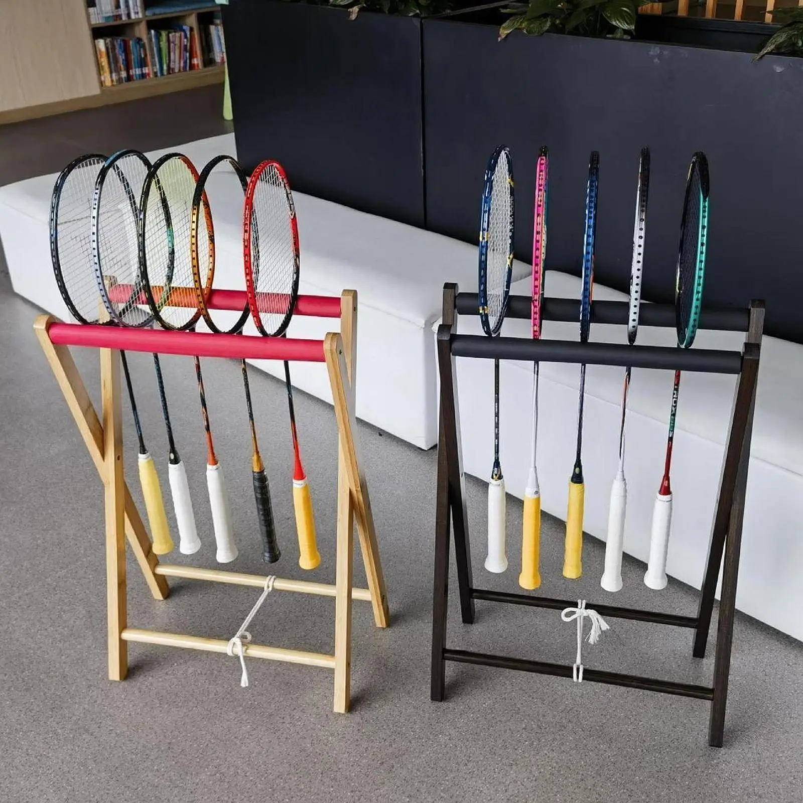 

Badminton Racquet Storage Rack Wooden Stable Sturdy, Multifunctional Sport Equipment Organizer for School, Garages, Stadium Home