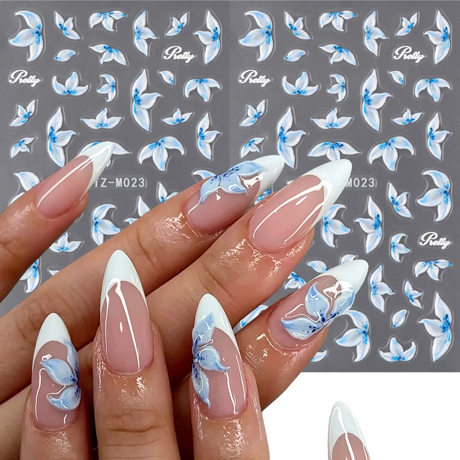 2pcs Blue Lily Flower Nail Art Stickers Floral Petal Nail Decals 3D Stickers Spring Summer Manicure French Tip Nails Decorations