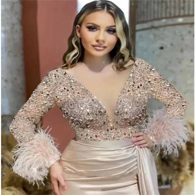 Mermaid Evening Gown Elegant Dress Formal Wedding Court Train Long Sleeve V Neck Satin with Feather Glitter Ruched Masquerade