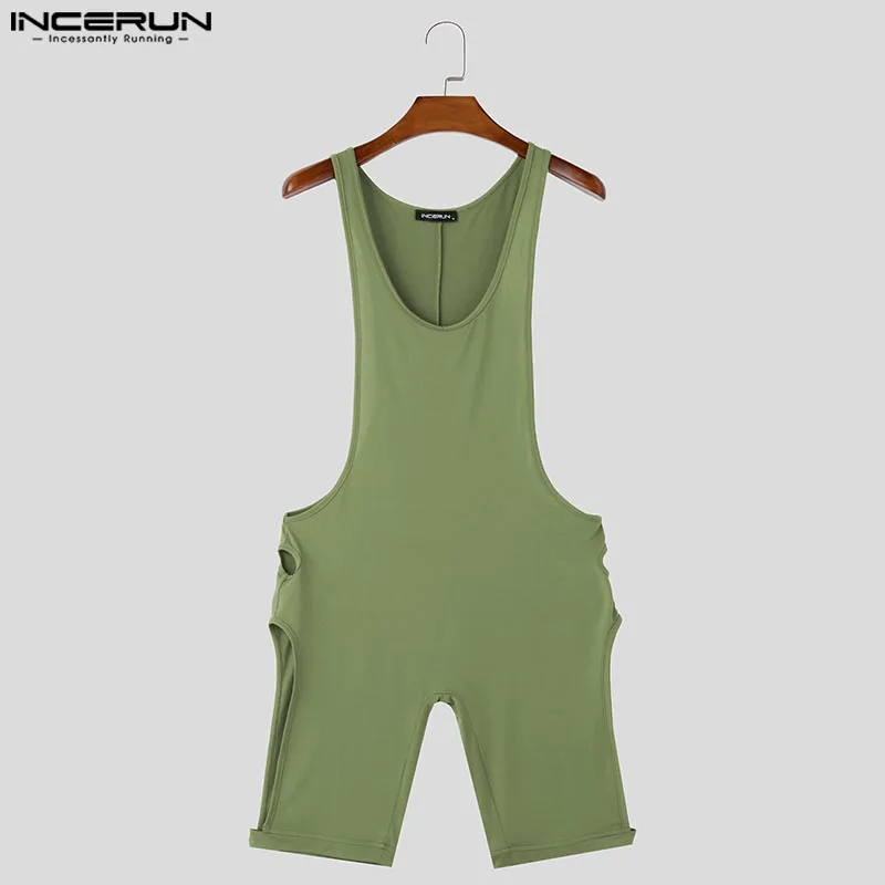 Incerun oco sem mangas macacão 2024 masculino causal malha cor sólida ângulo plano bodysuits simples encaixe confortável homewear