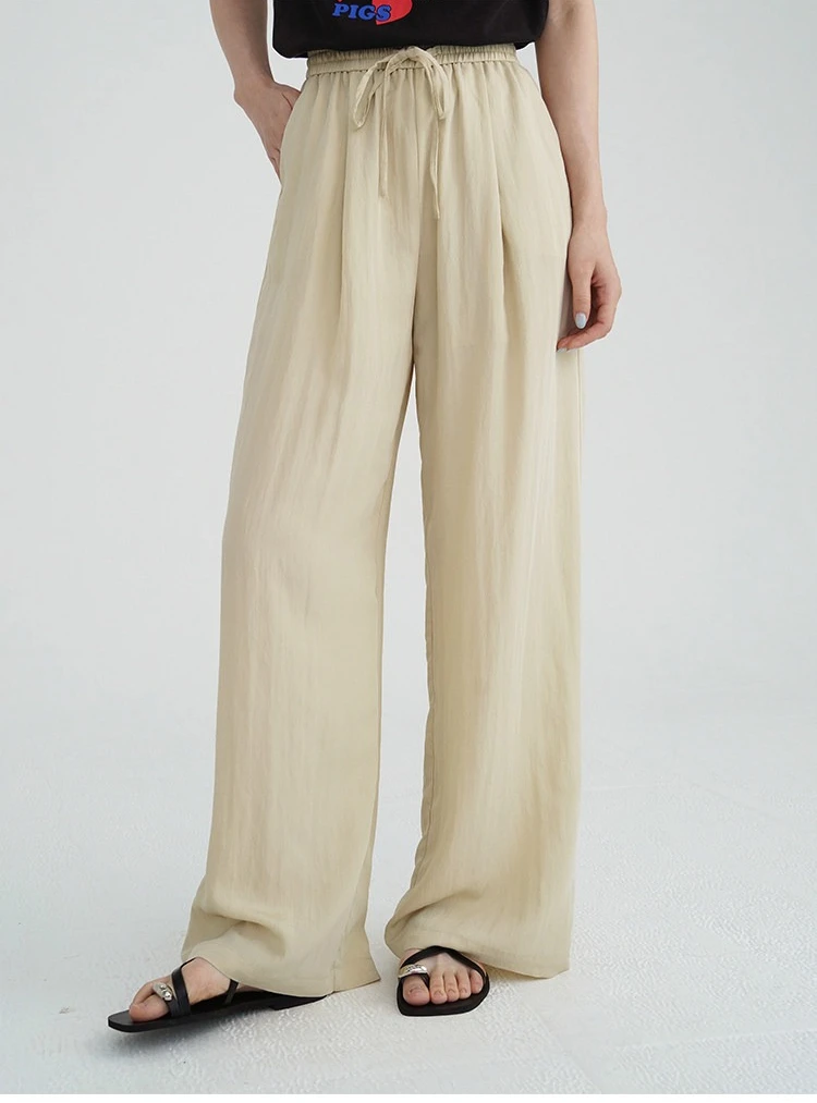 Women Drawstring Elastic Waist Wide Leg Pants Lightweight Draped Loose Fit Spring Long Trousers Lady Relaxed Versatile Bottoms