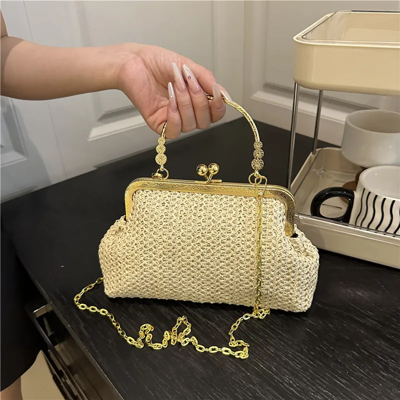 

2025 Stylish Shell Clutch Bag Womens Chic Chain Crossbody Elegant Braided Evening Purse Unique Fold-Over Clasp Design