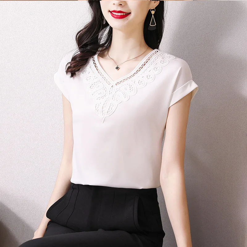 

Summer Sleeveless Solid Lace Spliced Blouse Elegant V-neck Solid Fashion Loose Pullover Women Comfortable Chiffon Shirts