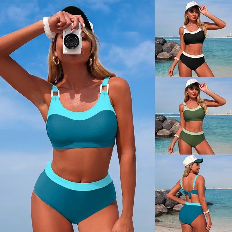 Women 2 Piece High Waisted Bikini Sets Colorblock Sporty Swimsuits Wide Straps Bathing Suit 2026 Summer Swimwear