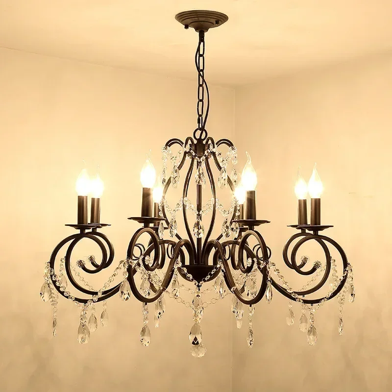 

Black Iron Crystal Hanging Light Vintage Chandelier LED Pendant Lamp Tavern Villa Living Room Bedroom Kitchen Bar E14 Holder