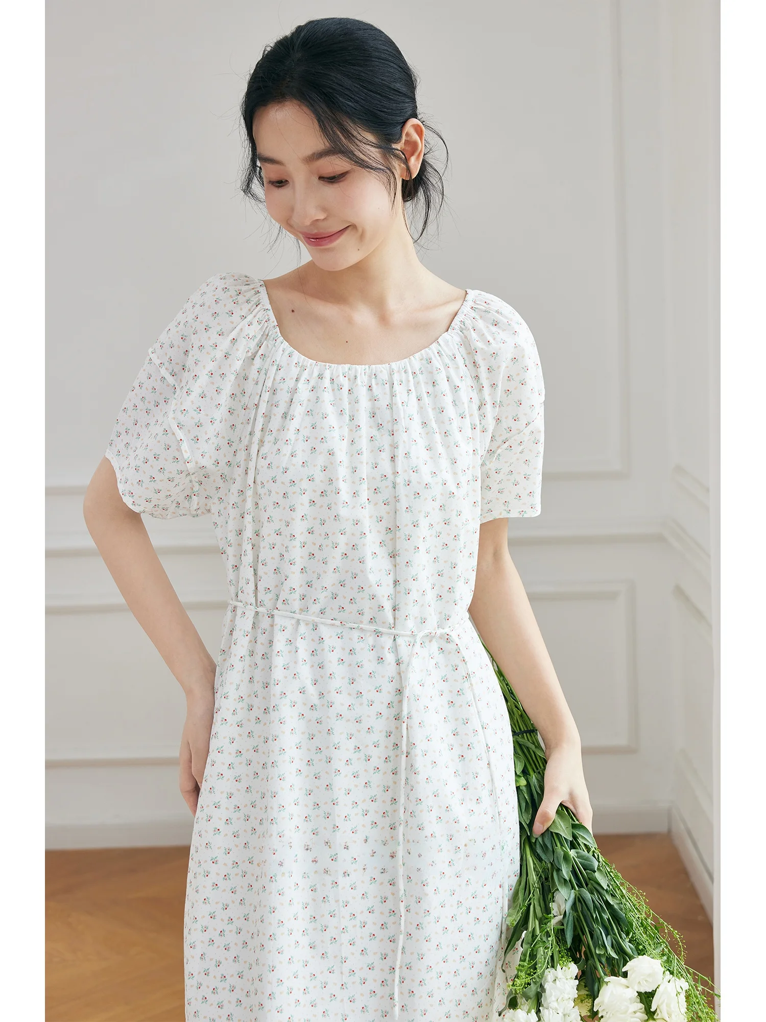 

Ele Floral Print ort Sve Midi Dr Women's Summer New Sle Waist Cinched Slimming Dr Princ Sle Cotton Blend