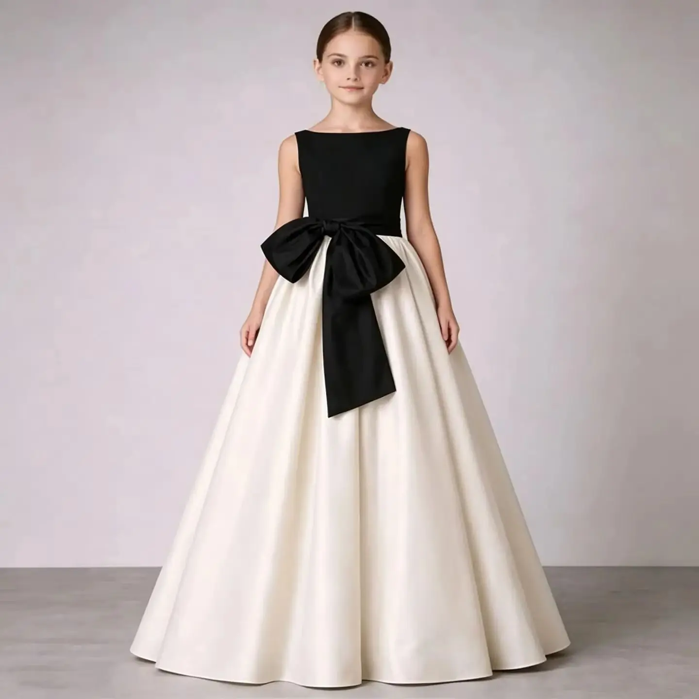 Customized Black White Flower Girl Dress For Wedding Bow Sleeveless Floor Length Elegant Kids Birthday First Communion Gown