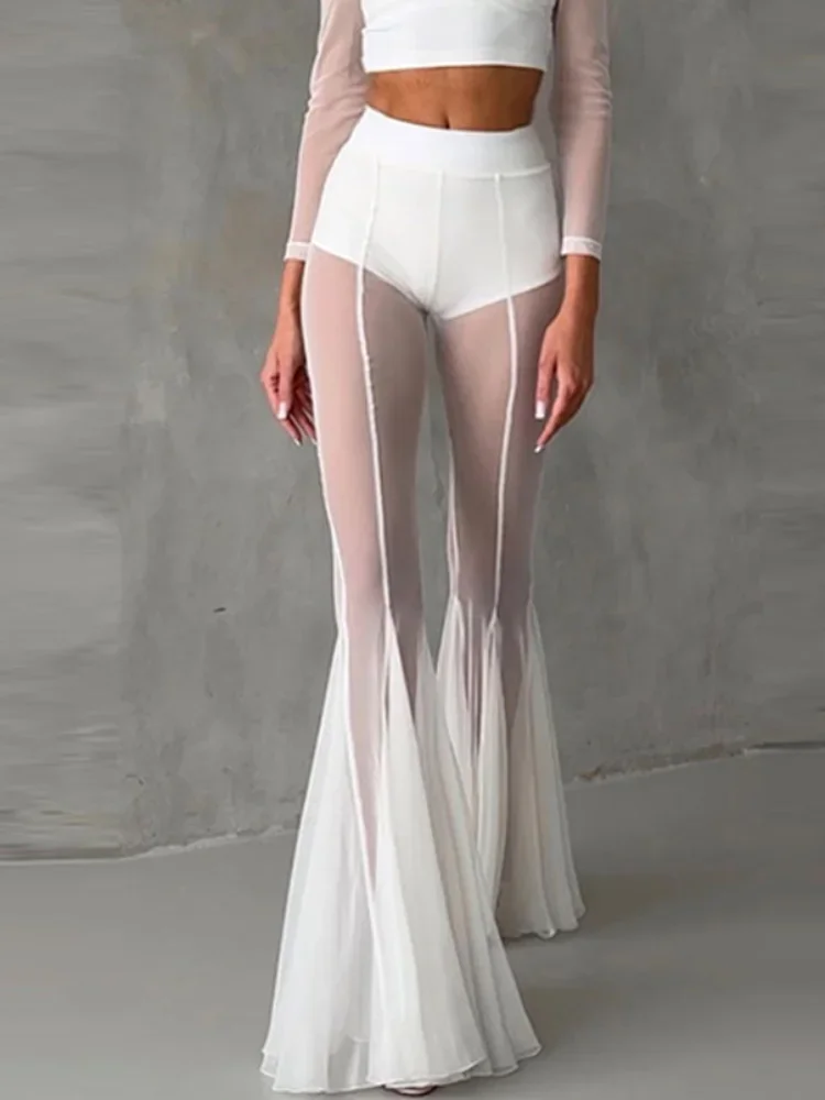 انظر من خلال شبكة مطوي مضيئة السراويل النساء مطوي مرونة عالية الخصر موضة مساء حفلة بنطلون 2025 ثوب صيفي بناطيل أنيقة