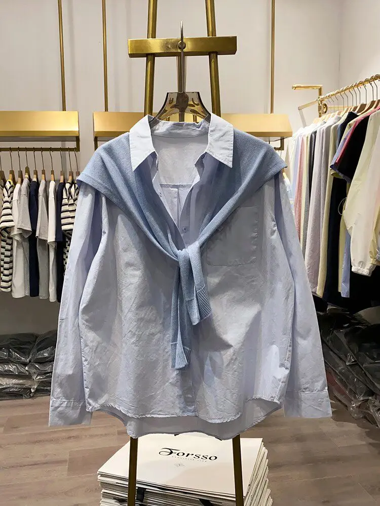 

Новый весенний женский комплект из двух предметов: рубашка с воротником-шалью, стильный и универсальный дизайн, изысканный топ для ранней весны