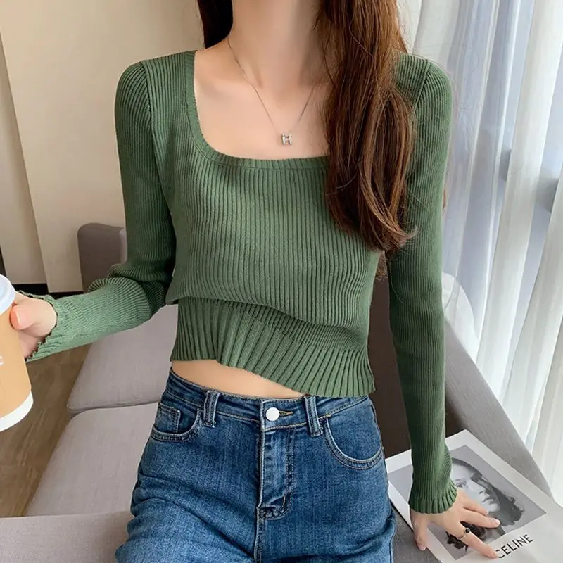 Autumn Winter Square Collar Solid Color Sweater Ladies Casual Fashion All-match Bottoming Jumpers Top Women Knitting Pullovers