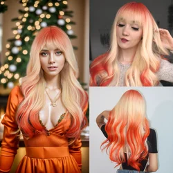 HAIRCUBE Orange and Blonde Omber Wigs for Women Long Wavy Hair With Bangs Synthetic Wigs Christmas Party Heat Resistant Fiber