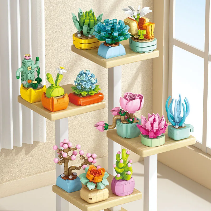 DIY Succulent Potted Flower Building Block Eternal Bouquet Model Girls Room Desk Plant Decor Creative Gift for Kids