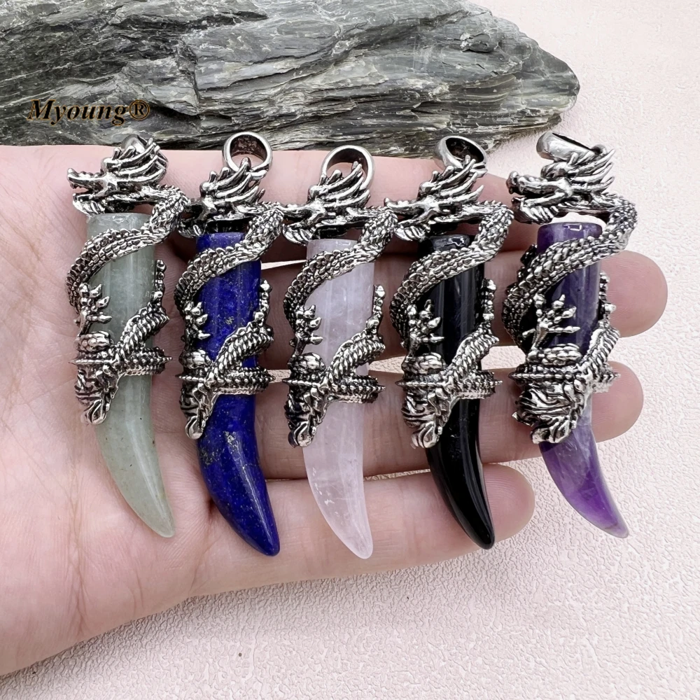 

10PCS Wholesale Vintage Dragon Natural Gems Lapis Stone Crystal Quartz Large Horn Necklace Pendant For DIY Jewelry Making MY2306