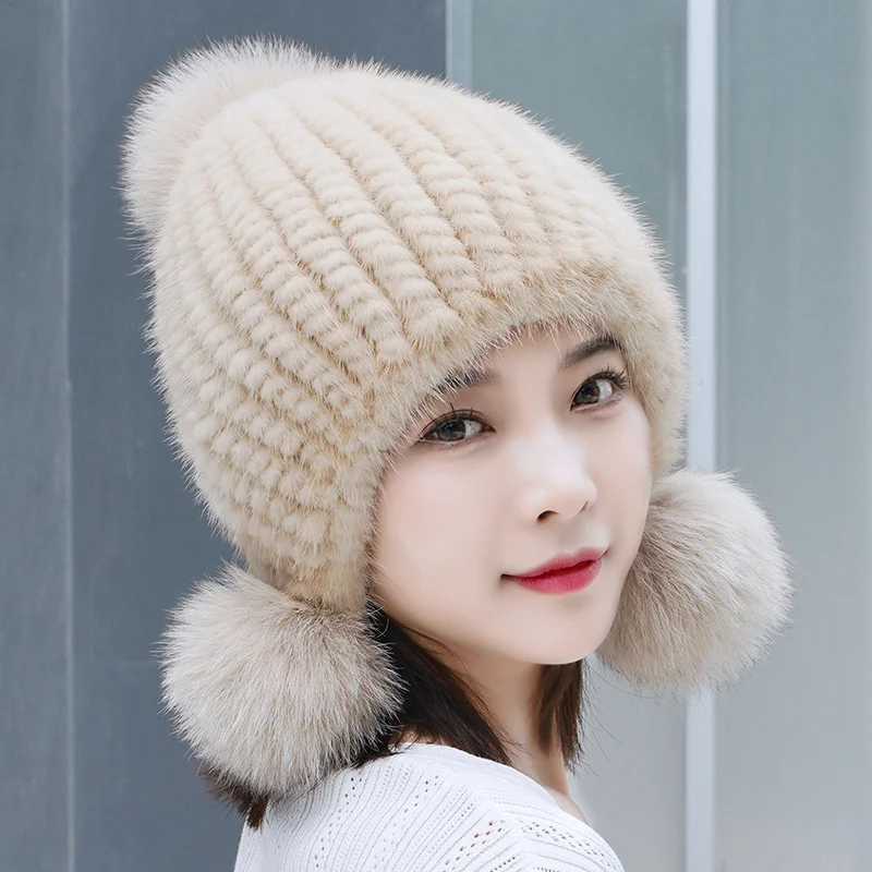 100% Real Mink Fur Hat Women Winter Knitted Beanie Russian Girls Cap With Fox Fur Pom Pom Hats Thick Female Cap Elastic Hats