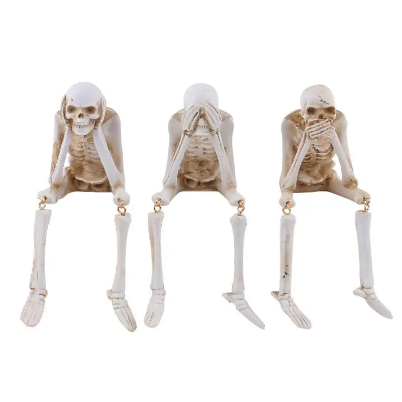 3 Pcs Resin See Hear Speak No Skeleton Figurines With Dangling Legs For Halloween Decor