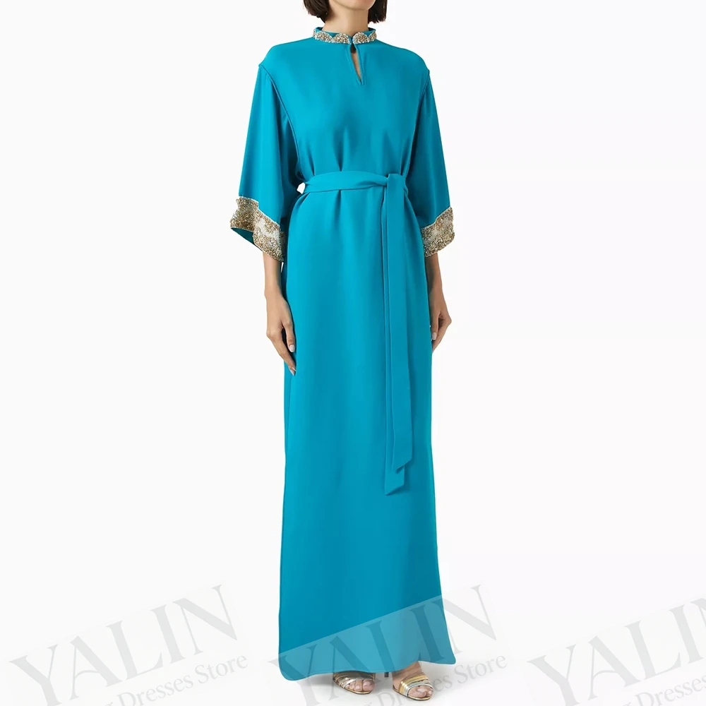 

Women's A-line Evening Dresses Ankle-length High-neck Three Quarter Sleeve Prom Gown Fashion Sequined Sashes Customized Gowns