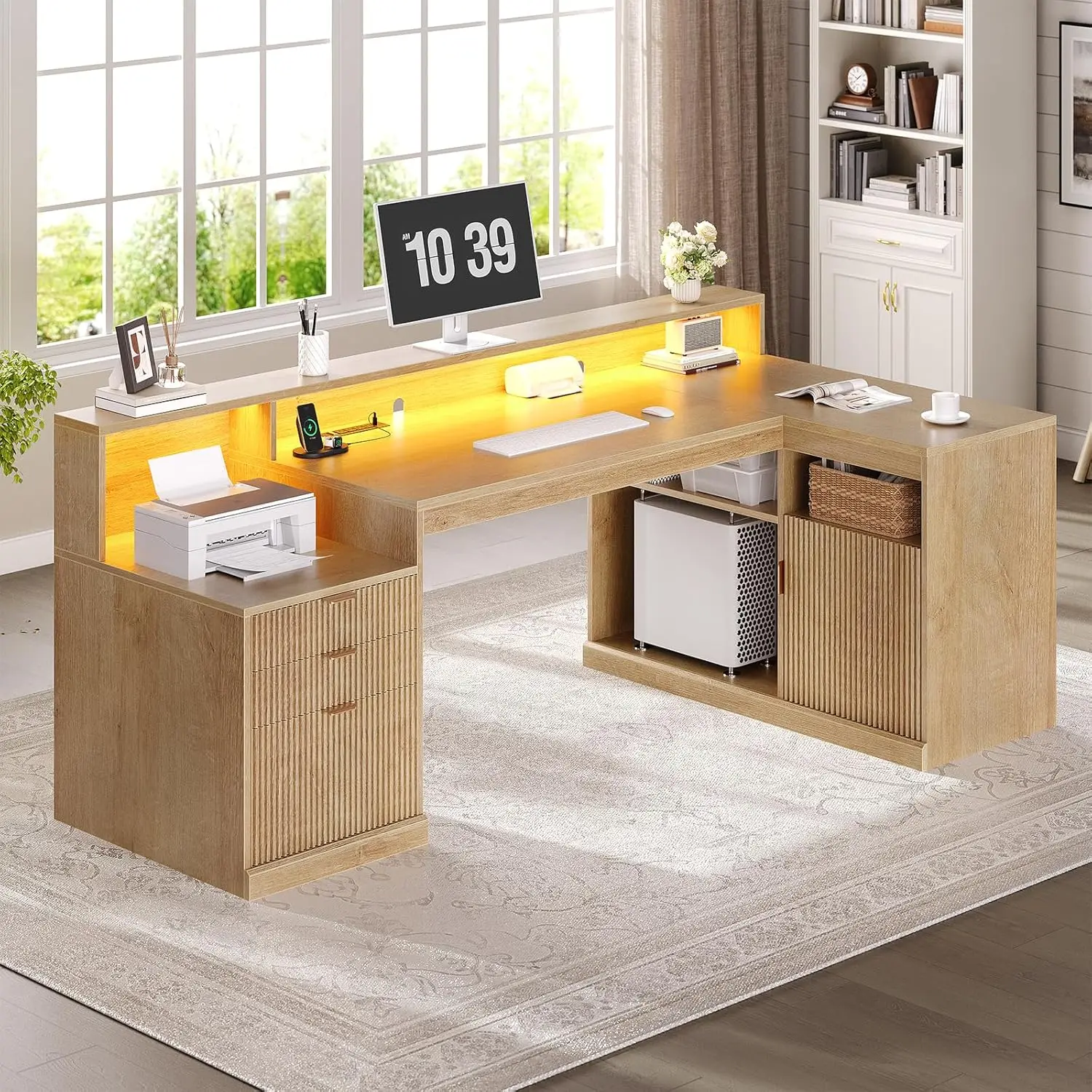 

64" L Shaped Computer Desk with File Storage, Home Office Desk with LED Lights, Executive Desk with CPU & Printer Stand